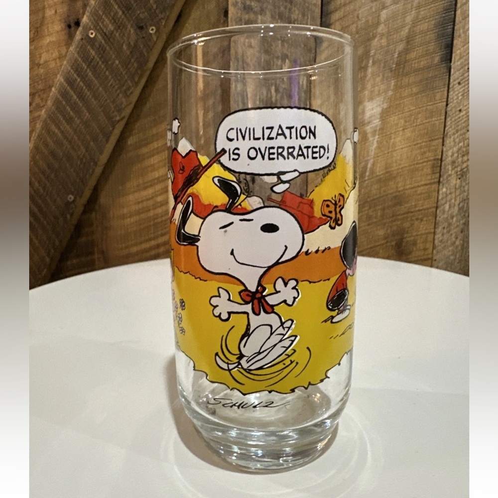Vintage Camp Snoopy Collection Glass 1971 McDonalds “Civilization Is Overrated”